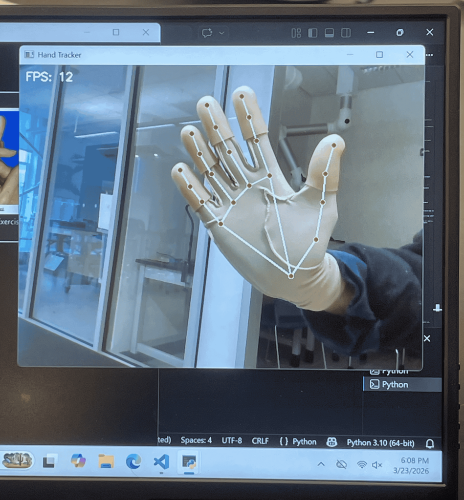 Palm of hand with beige glove with Google Mediapipe Landmarkers overlay showing 21 points on the hand.