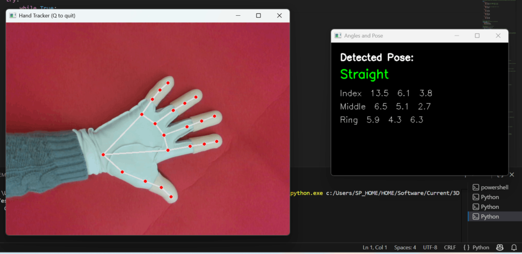 Cropped screenshot of camera and UI output reporting a straight pose with a gloved hand.