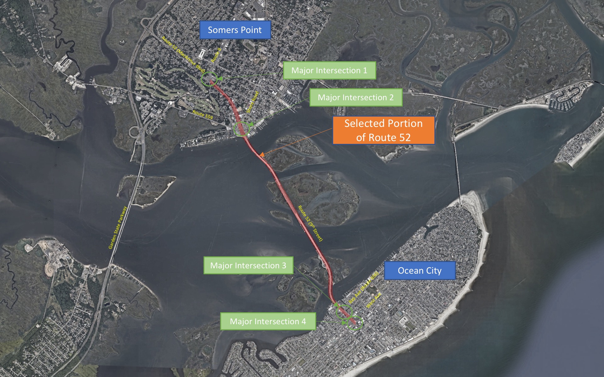 Image showing marked up map of project location. Ocean city can be seen to the south while somers point is to the north. Big boxes show white text that contain labels for points on the map.