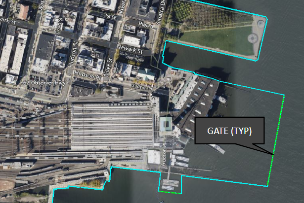 This ariel image of Hoboken Terminal shows linework along the Hudson River shoreline. Blue lines represent the extent of the floodwall along the shore, and two shorter green lines show the location of flood gates which exist in the water to allow the passage of boats through the terminal.