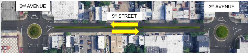 The image portrays the first alternative design. The design proposes turning the 2 proposed intersections, 2nd avenue on the left and 3rd avenue on the right, into an extended roundabout to optimize traffic flow in this area. The image shows both of the intersections redesigned into unsignalized roundabouts that are connected with a green median throughout 9th street.