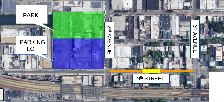 This image portrays the third alternative design. The design proposes turning 9th street into a complete street which would turn it into a one way with traffic only being able to go right to left. This option would also take away parking spaces due to added bike and bus lanes; therefore, on the image ,to the right of 9th street, a parking lot is proposed to not inconvenience those who commonly use those parking spots. Further up on the image, next to the parking lot, a park is also proposed to add greenspace and sustainability to the community.