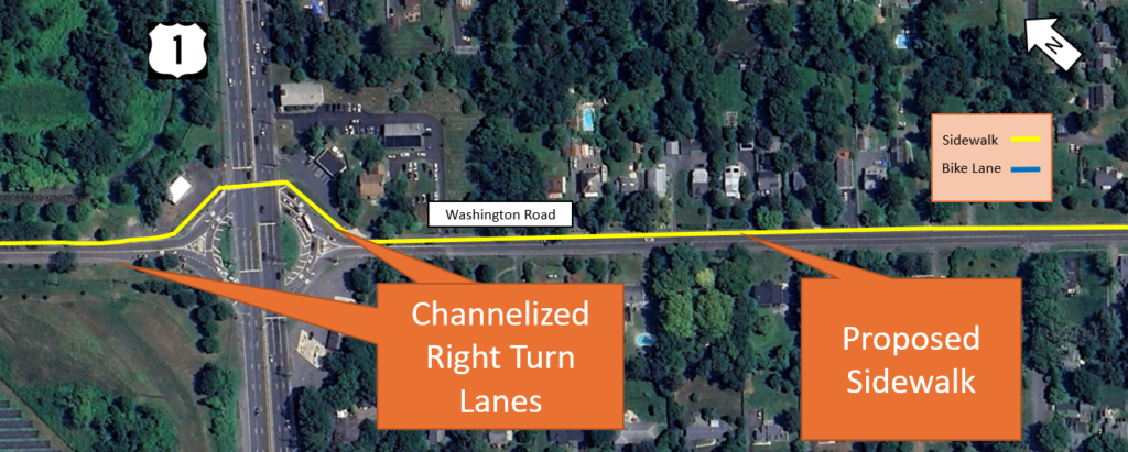 The image illustrates Alternative 1 for the Route 1 and Washington Road intersection, highlighting the proposed improvements in this segment of the corridor. It shows the addition of channelized right-turn lanes at the Route 1 intersection and a continuous proposed sidewalk along Washington Road to enhance connectivity and pedestrian safety.