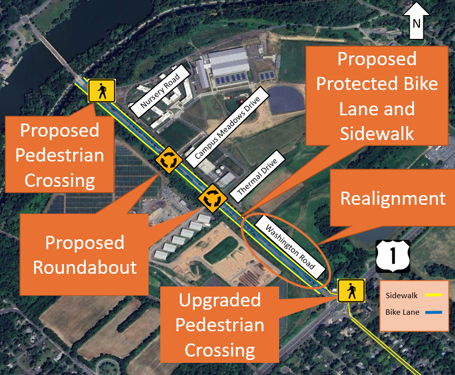 The image illustrates Alternative 2 for the Washington Road Corridor, showing a proposed realignment of Washington Road along with upgraded multimodal improvements. It highlights locations for a protected bike lane and sidewalk, proposed roundabout, new and upgraded pedestrian crossings, and overall geometric changes intended to improve safety, access, and traffic flow throughout the corridor.