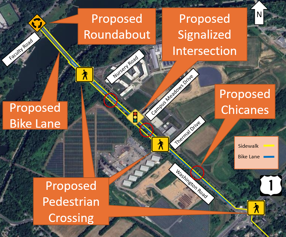 The image illustrates Alternative 3 for the Washington Road Corridor, presenting a combination of traffic-calming, multimodal, and intersection improvements. It highlights features such as a proposed roundabout, a proposed signalized intersection, new pedestrian crossings, proposed chicanes, and dedicated bike lanes, all aimed at enhancing safety, reducing vehicle speeds, and improving overall connectivity throughout the corridor.