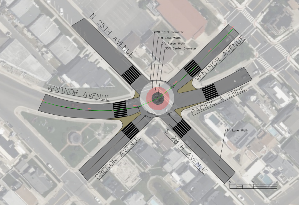 The pictured intersection is composed of six arterial roads. Each branch has its own pedestrian crosswalk. A roundabout has been placed in the middle of the intersection.