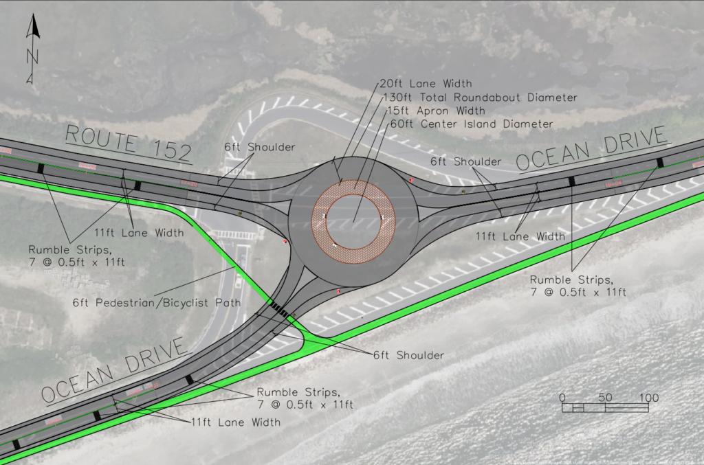 The pictured intersection is composed of three arterial roads. A bike lane travels down along Ocean Drive then splits off following up Route 152, crossing Ocean drive with a pedestrian crosswalk. A roundabout has been placed in the middle of the intersection.
